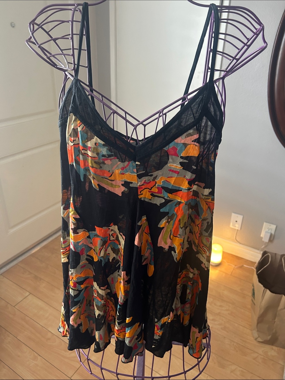 Black Sheer Cami with Multicolor Abstract Print